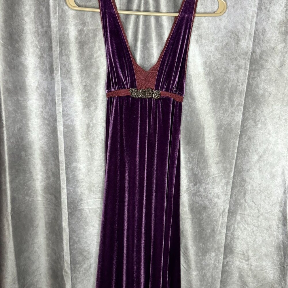 Rare Free People Boho Velvet & Lace Plum Purple Dress XS EUC - Picture 2 of 6